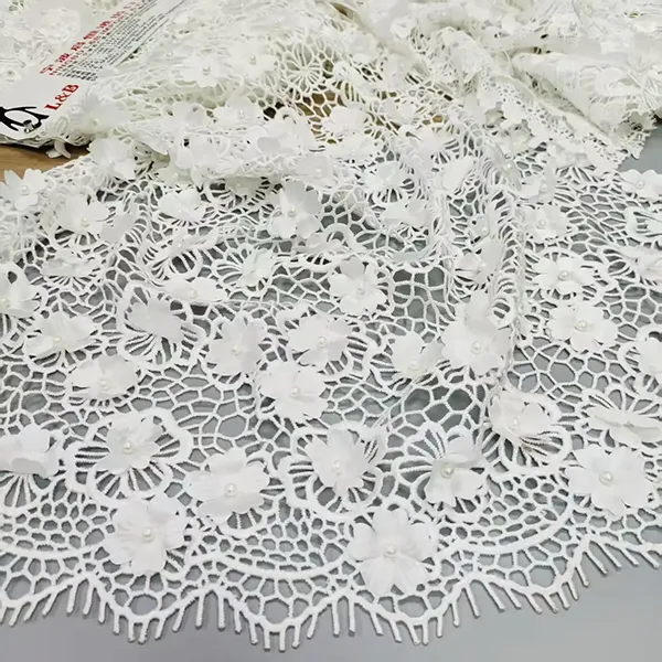 3d Floral Lace Guipure Fabric Pearls Water Soluable Cord Embroidery Guipure Lace Fabric