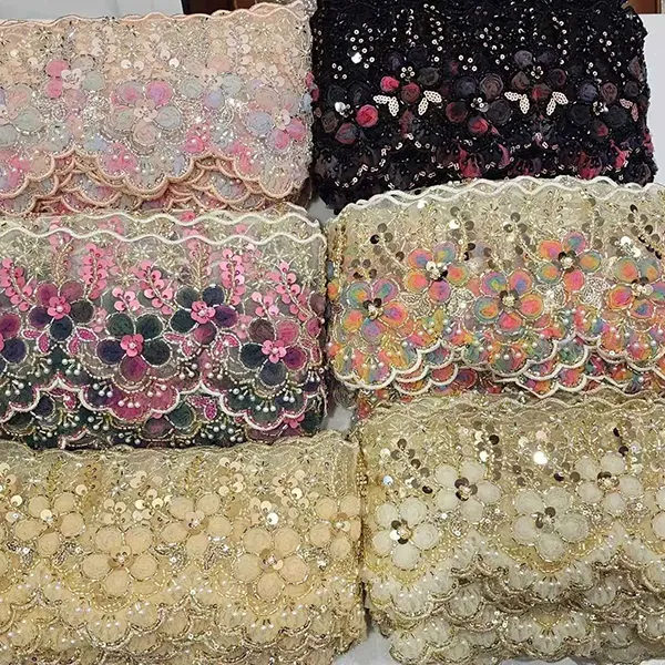 थ्रीडी जाल फूल रिबन मनका ट्यूब बारकोड एम्ब्रोइडरी फीता संग बहुरङ कढ़ाई फीता